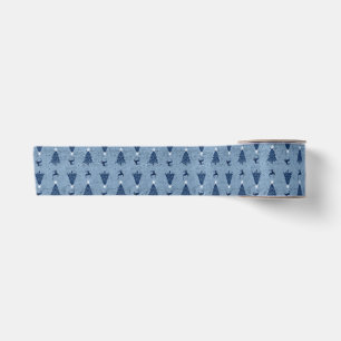 Traditional Navy Blue Christmas Trees & Reindeer Satin Ribbon