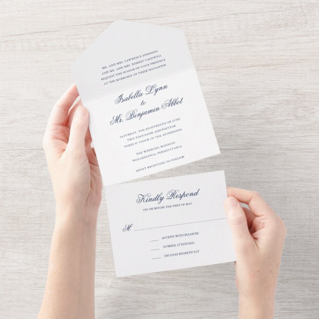 Traditional Navy Blue Formal Elegant Wedding All In One Invitation (Tearaway)