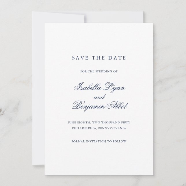 Traditional Navy Blue Formal Elegant Wedding Save The Date (Front)