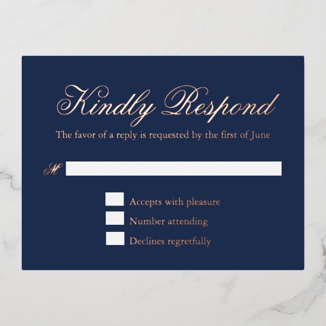 Traditional Navy Blue Wedding Foil RSVP Card (Front)
