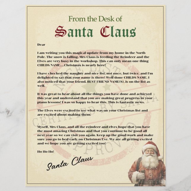 Traditional "Nice List" Letter From Santa (Front)