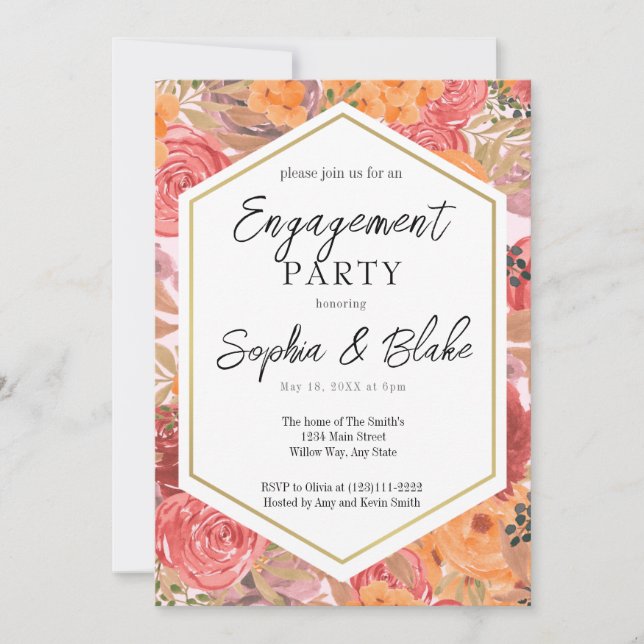 Traditional Orange & Pink Floral Engagement Party  Invitation (Front)