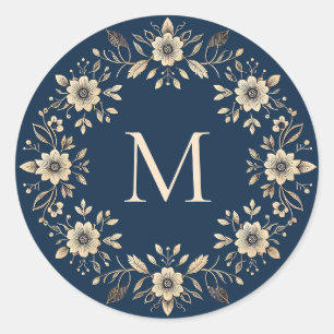 Traditional Ornamental Floral Navy Blue Monogram Classic Round Sticker