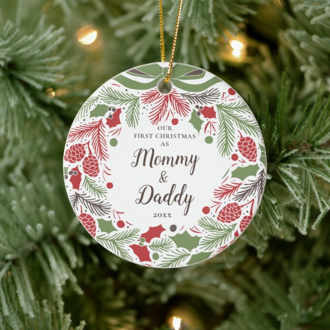 Traditional Our First Christmas As Mommy & Daddy Ceramic Ornament (Tree)