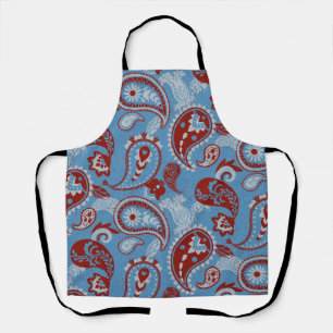 Traditional Paisley Linocut Red White Blue Apron