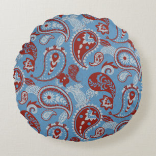 Traditional Paisley Linocut Red White Blue Round Pillow