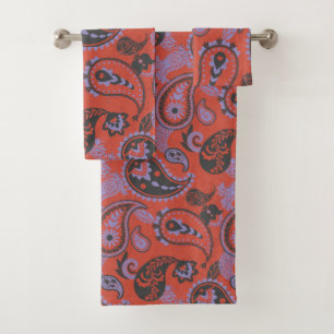 Traditional Paisley Linocut Vivid Orange Purple Bath Towel Set