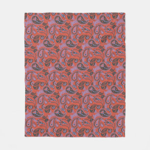 Traditional Paisley Linocut Vivid Orange Purple Fleece Blanket