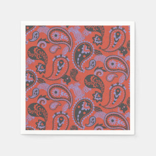 Traditional Paisley Linocut Vivid Orange Purple Napkin
