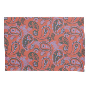 Traditional Paisley Linocut Vivid Orange Purple Pillowcase