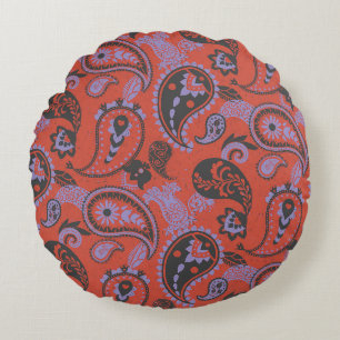 Traditional Paisley Linocut Vivid Orange Purple Round Pillow