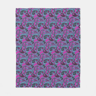 Traditional Paisley Linocut Vivid Pink Dusky Blue Fleece Blanket