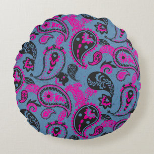 Traditional Paisley Linocut Vivid Pink Dusky Blue Round Pillow