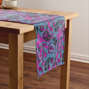 Traditional Paisley Linocut Vivid Pink Dusky Blue Short Table Runner