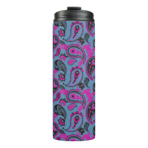 Traditional Paisley Linocut Vivid Pink Dusky Blue Thermal Tumbler