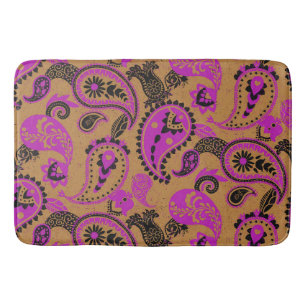 Traditional Paisley Linocut Vivid Pink Mustard Bath Mat