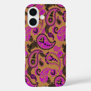 Traditional Paisley Linocut Vivid Pink Mustard iPhone 16 Case