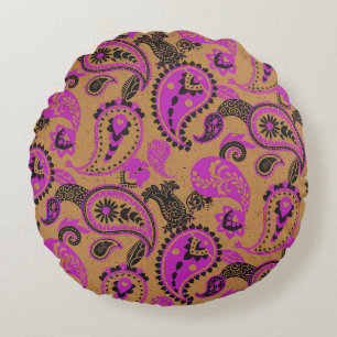 Traditional Paisley Linocut Vivid Pink Mustard Round Pillow