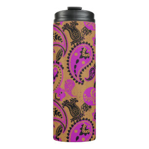 Traditional Paisley Linocut Vivid Pink Mustard Thermal Tumbler
