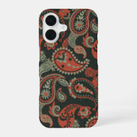 Traditional Paisley Linocut Warm Orange Mint Green