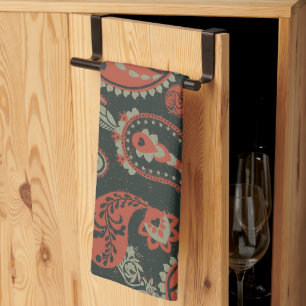 Traditional Paisley Linocut Warm Orange Mint Green Kitchen Towel