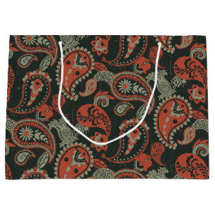 Traditional Paisley Linocut Warm Orange Mint Green Large Gift Bag