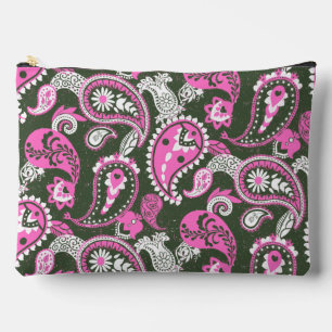 Traditional Paisley Linocut Warm Pink Deep Green Accessory Pouch
