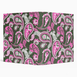 Traditional Paisley Linocut Warm Pink Deep Green Binder