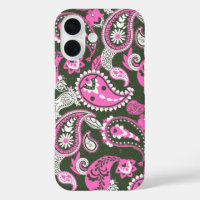 Traditional Paisley Linocut Warm Pink Deep Green