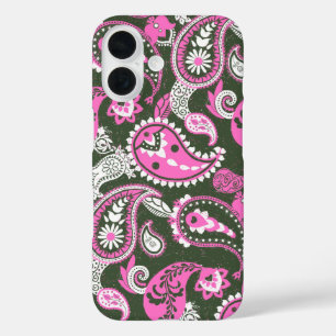 Traditional Paisley Linocut Warm Pink Deep Green iPhone 16 Case
