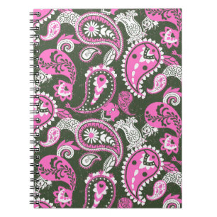 Traditional Paisley Linocut Warm Pink Deep Green Notebook