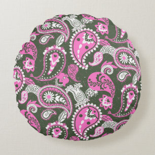 Traditional Paisley Linocut Warm Pink Deep Green Round Pillow