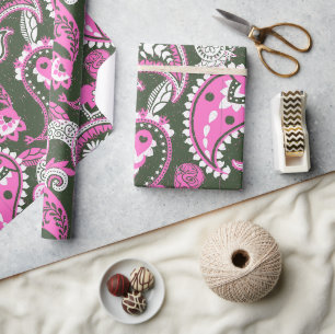 Traditional Paisley Linocut Warm Pink Deep Green Wrapping Paper