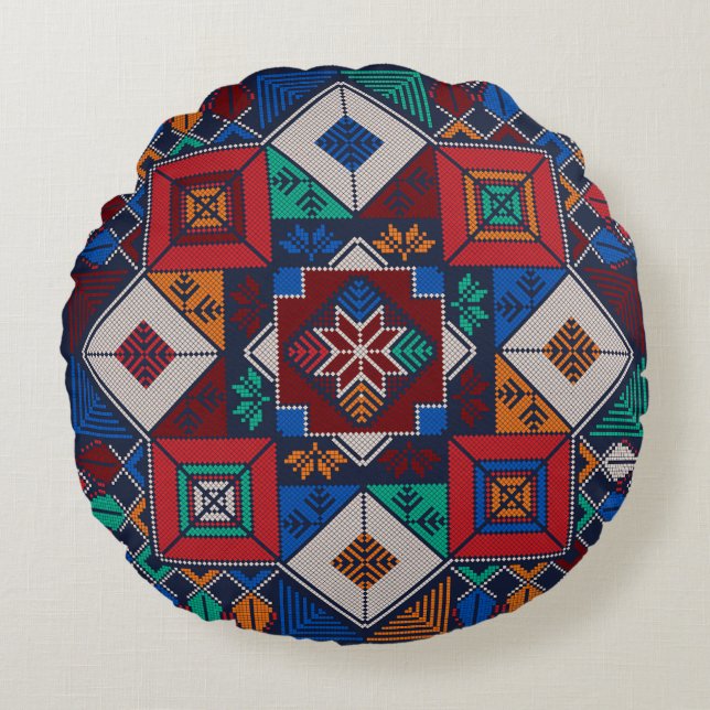 Traditional Palestine Embroidery tatreez  colourfu Round Pillow (Front)