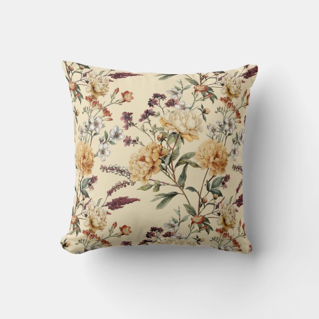 Traditional  Peony Vintage Botanical Pattern Throw Pillow (Front)