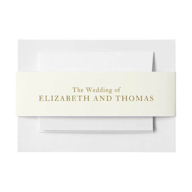 Traditional  personalize gold and ivory wedding invitation belly band (Front Example)