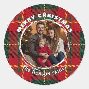 Traditional Personalized Family Photo Plaid  Classic Round Sticker