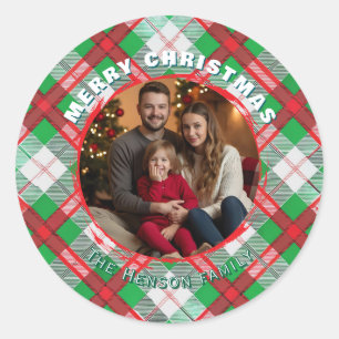 Traditional Personalized Family Photo Plaid  Classic Round Sticker