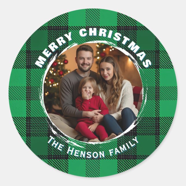 Traditional Personalized Family Photo Plaid  Classic Round Sticker (Front)
