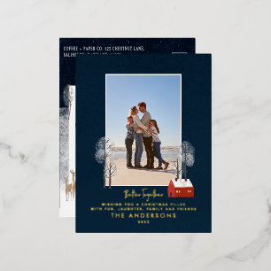 Traditional photo elegant rustic winter snow chic foil holiday postcard