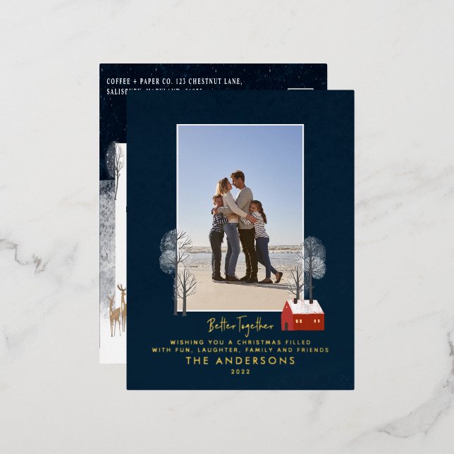 Traditional photo elegant rustic winter snow chic foil holiday postcard (Front/Back)