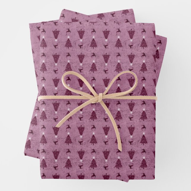 Traditional Pink Christmas Trees & Reindeer Wrapping Paper Sheet (In situ)