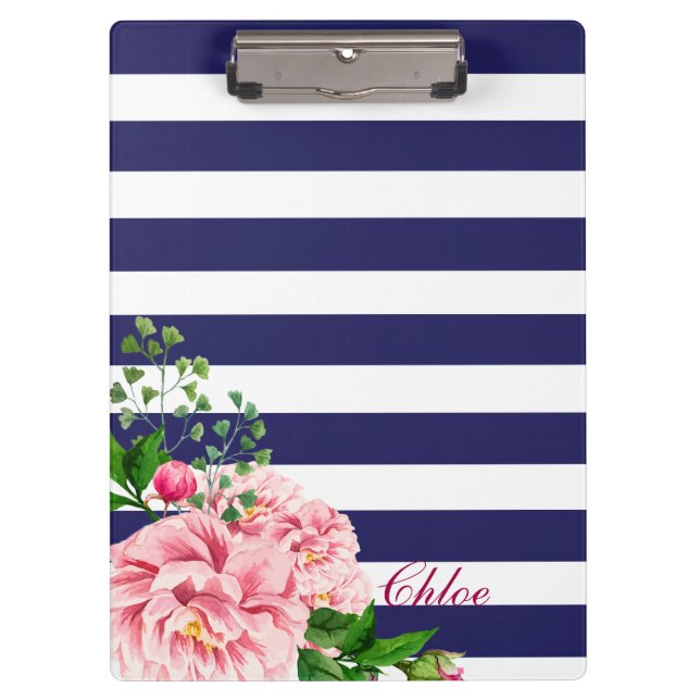 Traditional Pink Roses & Rosebuds Floral Name Clipboard (Front)