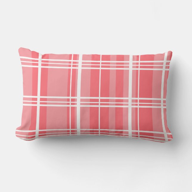 Traditional Plaid Coral & Bubblegum with White    Lumbar Pillow (Front)