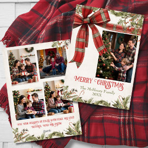 Traditional Plaid Red Bow Christmas 5 Photos Holiday Card