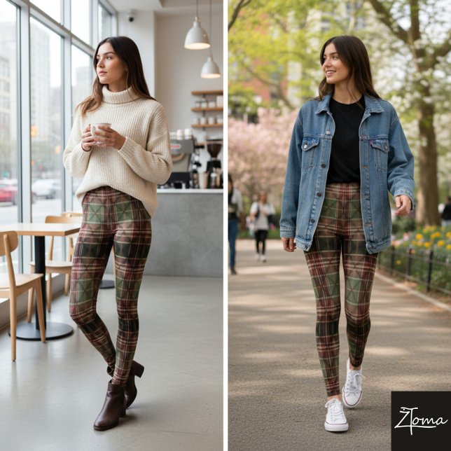 Traditional Plaid Tartan Burgundy Green Dark Leggings (Creator Uploaded)