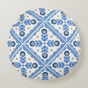 Traditional Portugal Lisbon azulejo ceramic tiles. Round Pillow