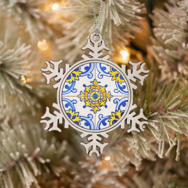 Traditional Portuguese Azulejo tile Snowflake Pewter Christmas Ornament (Tree)