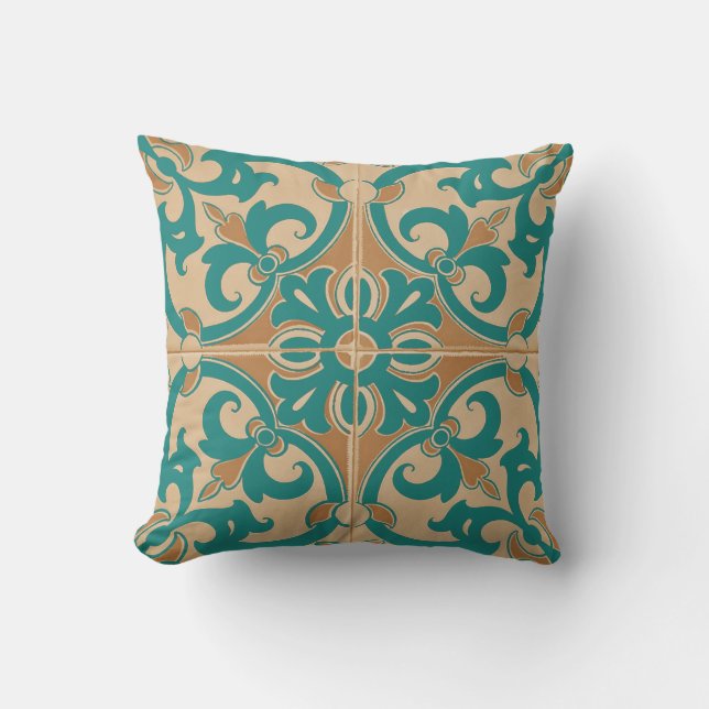 Traditional Portuguese Azulejo Tile | taupe teal Throw Pillow (Front)
