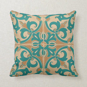 Traditional Portuguese Azulejo Tile   taupe teal Throw Pillow